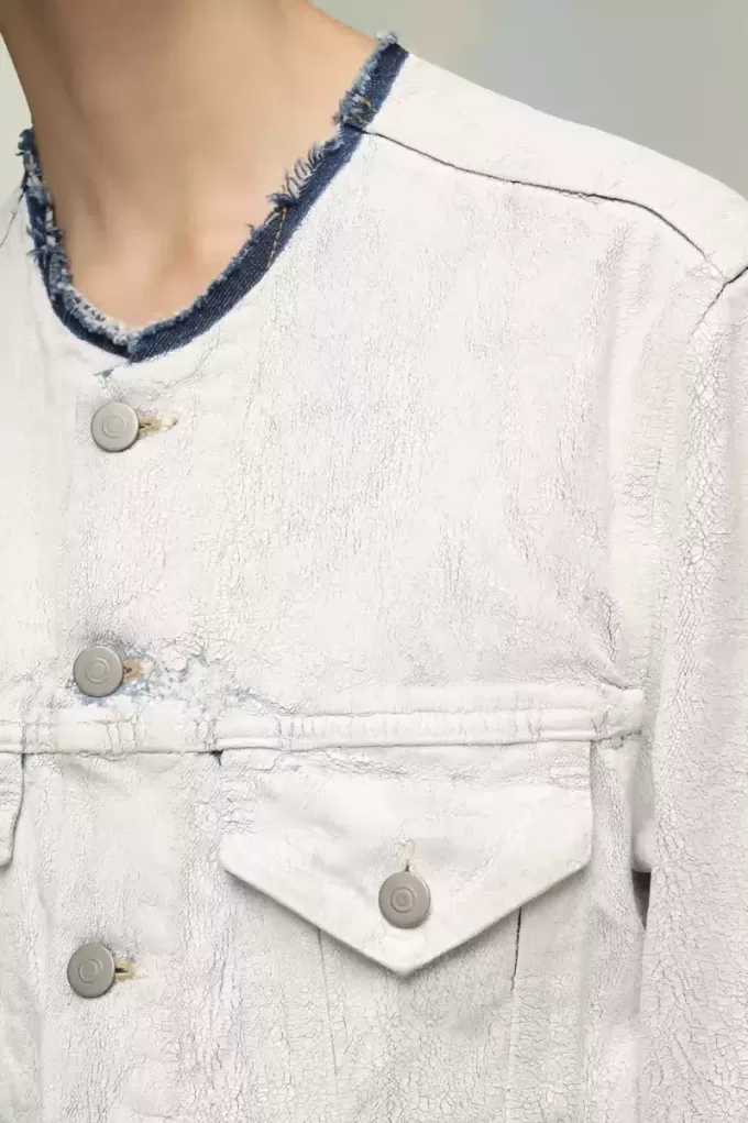 Giacca in denim corta senza colletto Giacca in denim corta senza colletto
